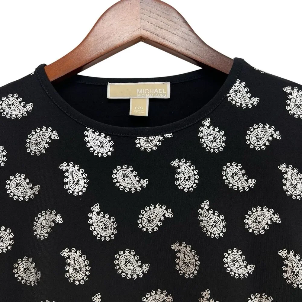 MICHAEL KORS Black/Silver Foil Paisley Flounce Shift Dress Bell Sleeves Size S